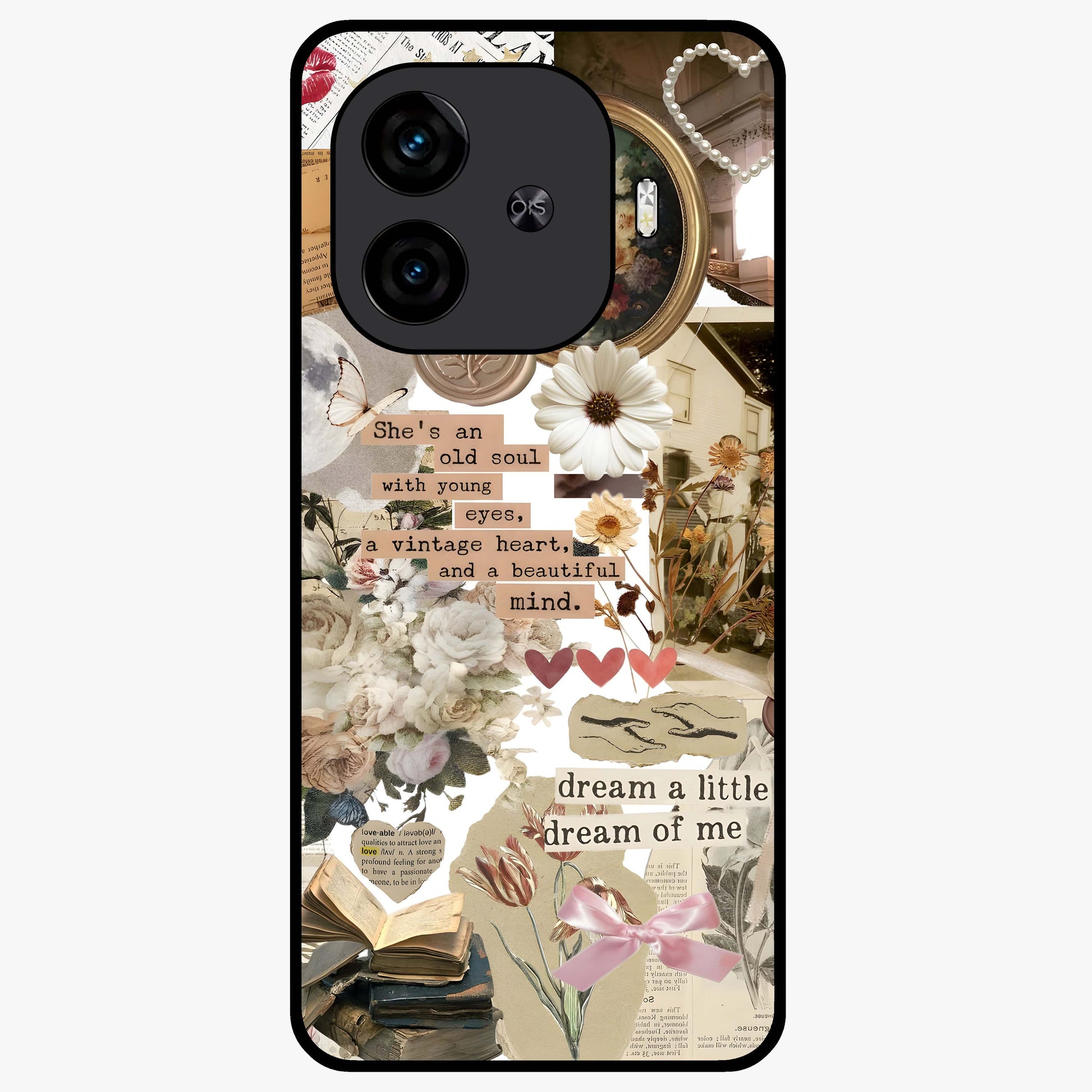 Aesthetic Brown Vintage Collage Glass Case showing flat back view with retro collage artwork and glossy glass finish.