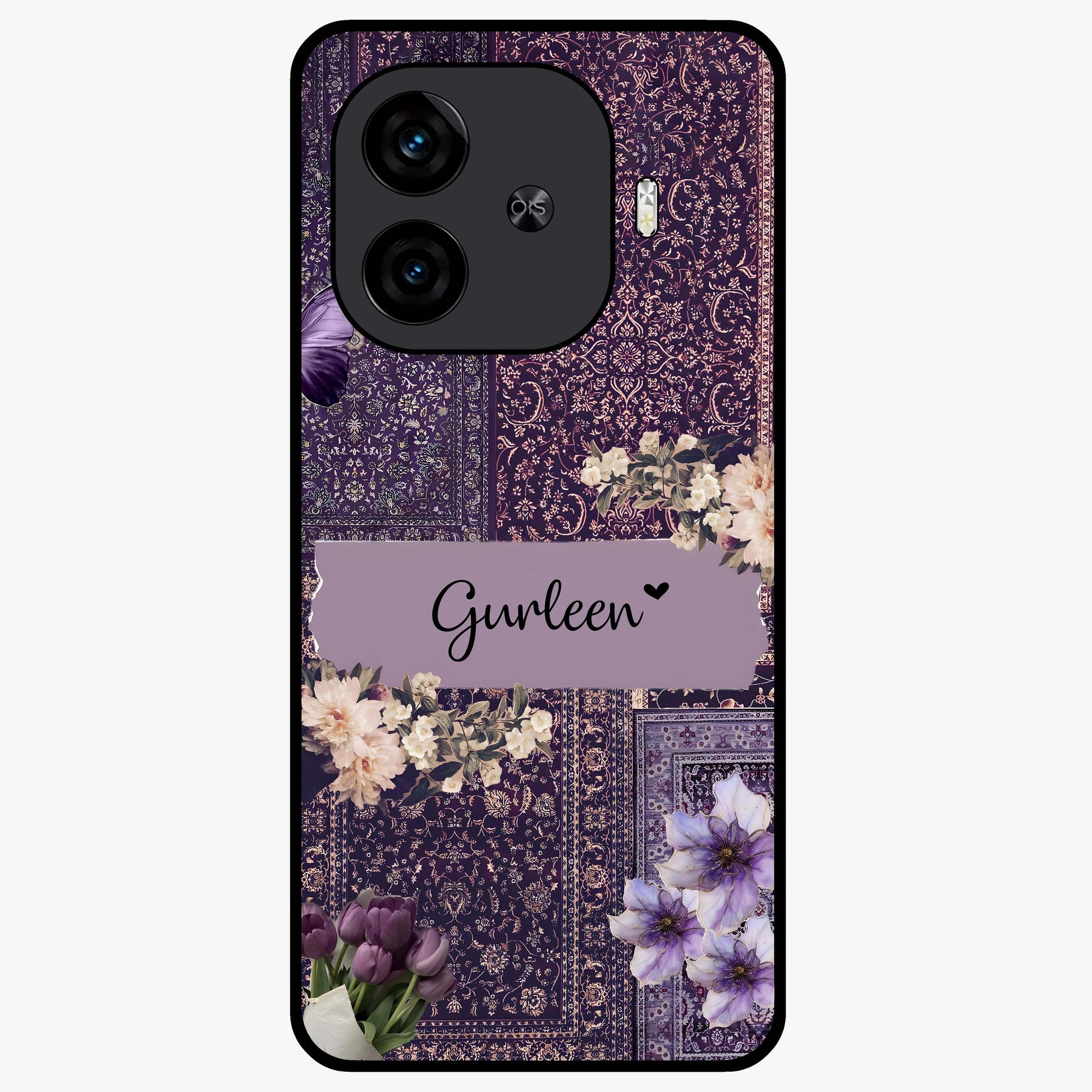Antique Floral Whisper Custom Name Glass Case showing flat back view with vintage floral artwork and personalized name design.