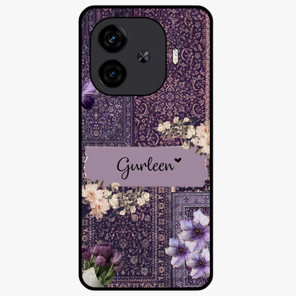 Antique Floral Whisper Custom Name Glass Case showing flat back view with vintage floral artwork and personalized name design.