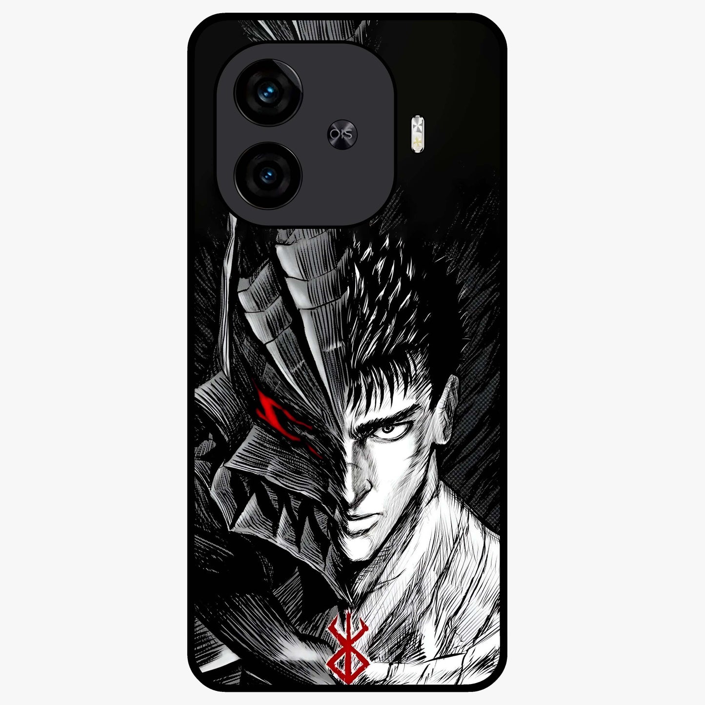 Berserker Blood Oath Glass Case showing flat back view with fierce warrior inspired artwork and glossy glass finish.