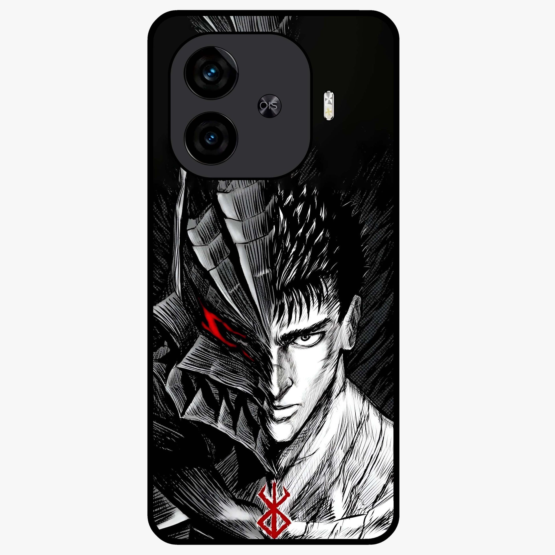 Berserker Blood Oath Glass Case showing flat back view with fierce warrior inspired artwork and glossy glass finish.