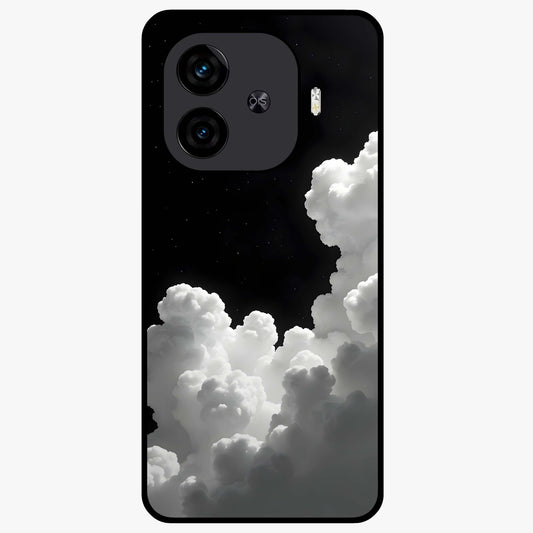 Black Background With White Cloud Glass Case showing flat back view with minimal cloud artwork on dark background and glossy glass finish.