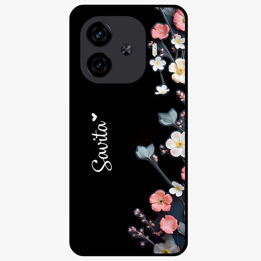 Black Elegance Floral Custom Name Glass Case showing flat back view with elegant floral artwork and personalized name design.