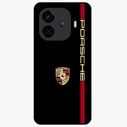 Black Minimal Porsche Glass Case showing flat back view with sleek minimal sports car artwork and glossy glass finish.