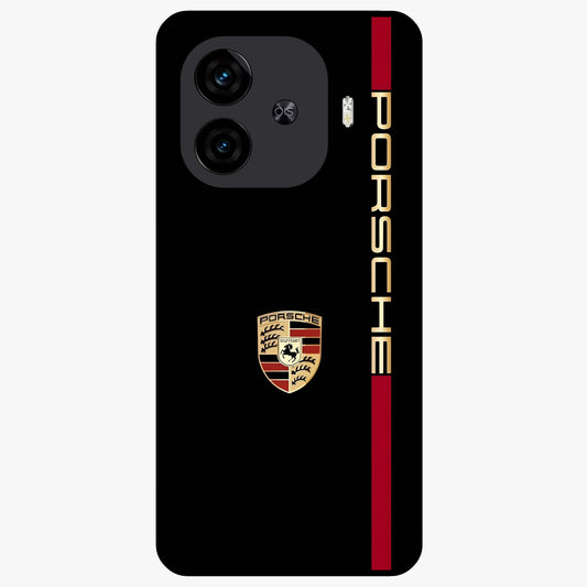 Black Minimal Porsche Glass Case showing flat back view with sleek minimal sports car artwork and glossy glass finish.