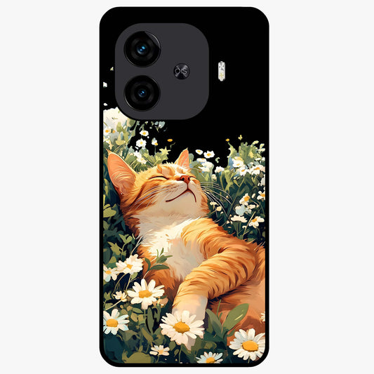 Blissful Bloom Cat Glass Case showing flat back view with cute cat and floral bloom artwork and glossy glass finish.