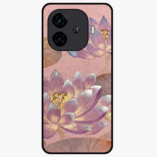 Blossom Mist Lotus Glass Case showing flat back view with serene lotus blossom artwork and glossy glass finish.