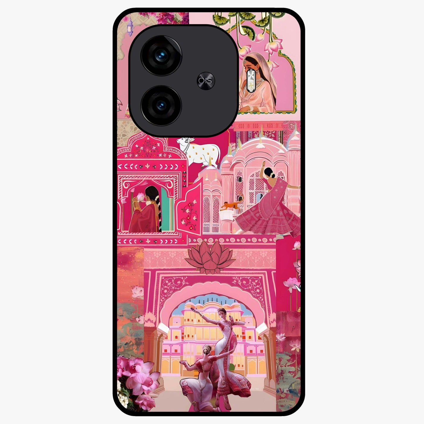 Blossoms of Rajasthan Glass Case showing flat back view with traditional floral artwork inspired by Rajasthan and glossy glass finish.