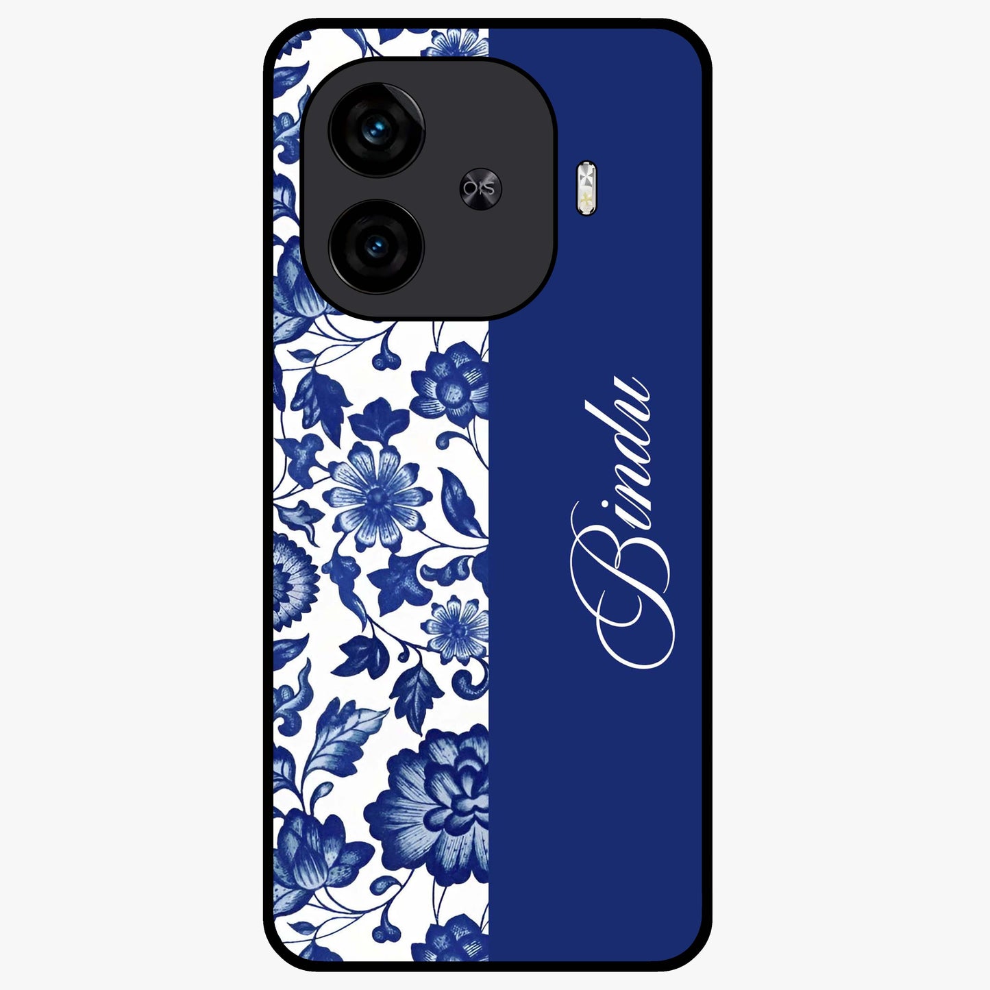 Blue Vintage Floral Pattern Glass Case upright view showcasing timeless floral illustration with vintage inspired style.