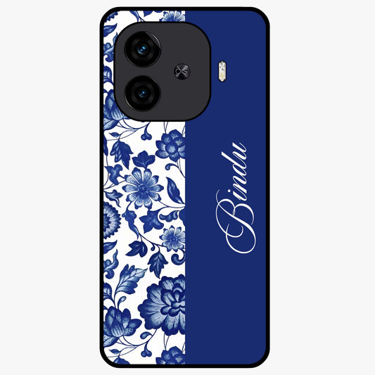 Blue Vintage Floral Pattern Glass Case upright view showcasing timeless floral illustration with vintage inspired style.