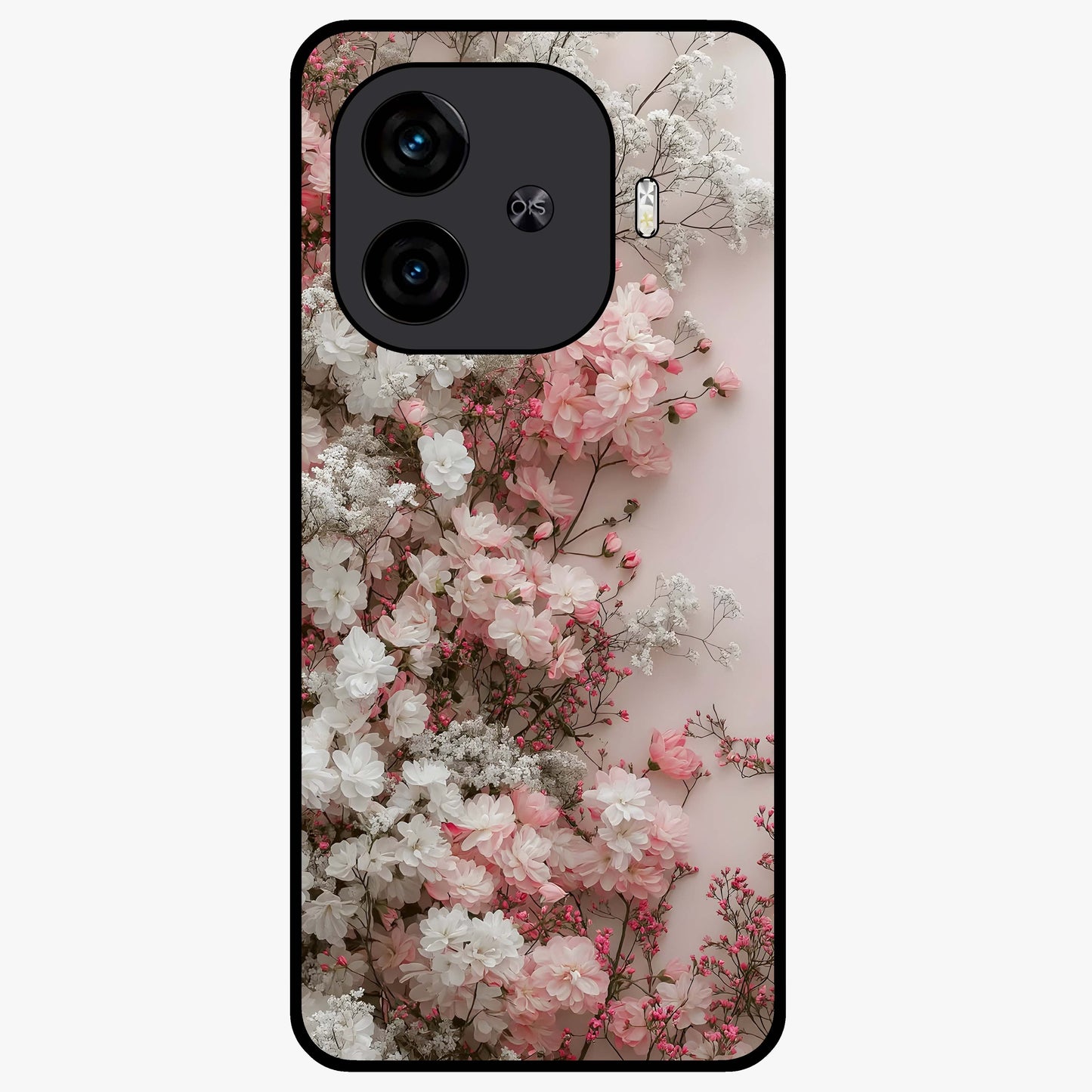 Blush Blossom Cloud Glass Case showing flat back view with dreamy blush cloud blossom artwork and glossy glass finish.