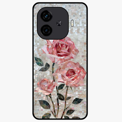 Blush Mosaic Bloom Glass Case showing flat back view with mosaic floral bloom artwork and glossy glass finish.