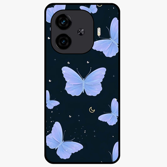 Butterfly With Stars Pattern Glass Case showing flat back view with butterfly and star pattern artwork and glossy glass finish.