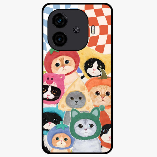 Cats in Fruits Glass Case showing flat back view with playful cat illustrations inside fruit artwork and glossy glass finish.