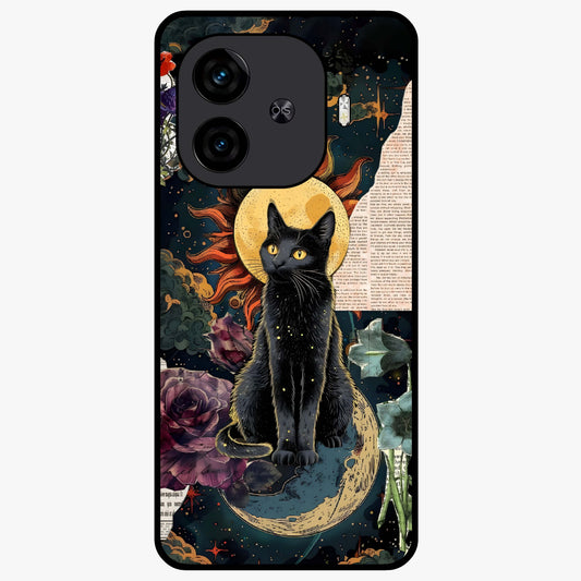 Celestial Black Cat Glass Case showing flat back view with mystical black cat artwork and glossy glass finish.