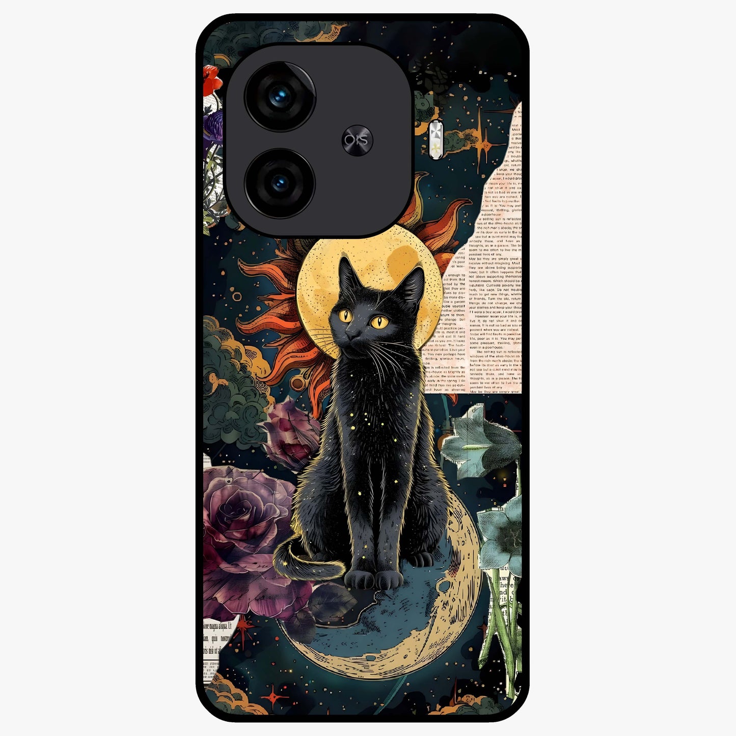 Celestial Black Cat Glass Case showing flat back view with mystical black cat artwork and glossy glass finish.