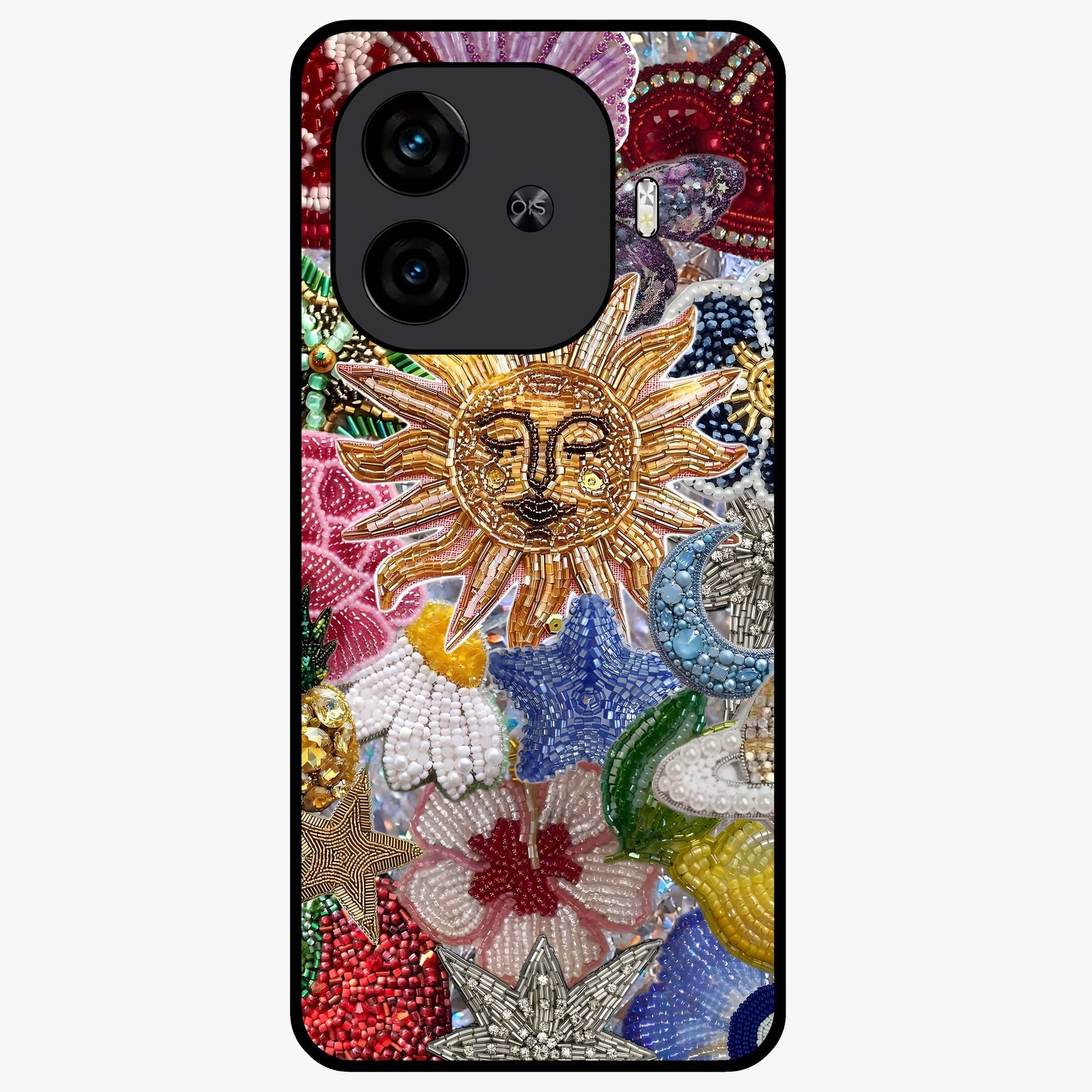 Celestial Floral and Playful Glass Case showing flat back view with floral and celestial themed artwork and glossy glass finish.