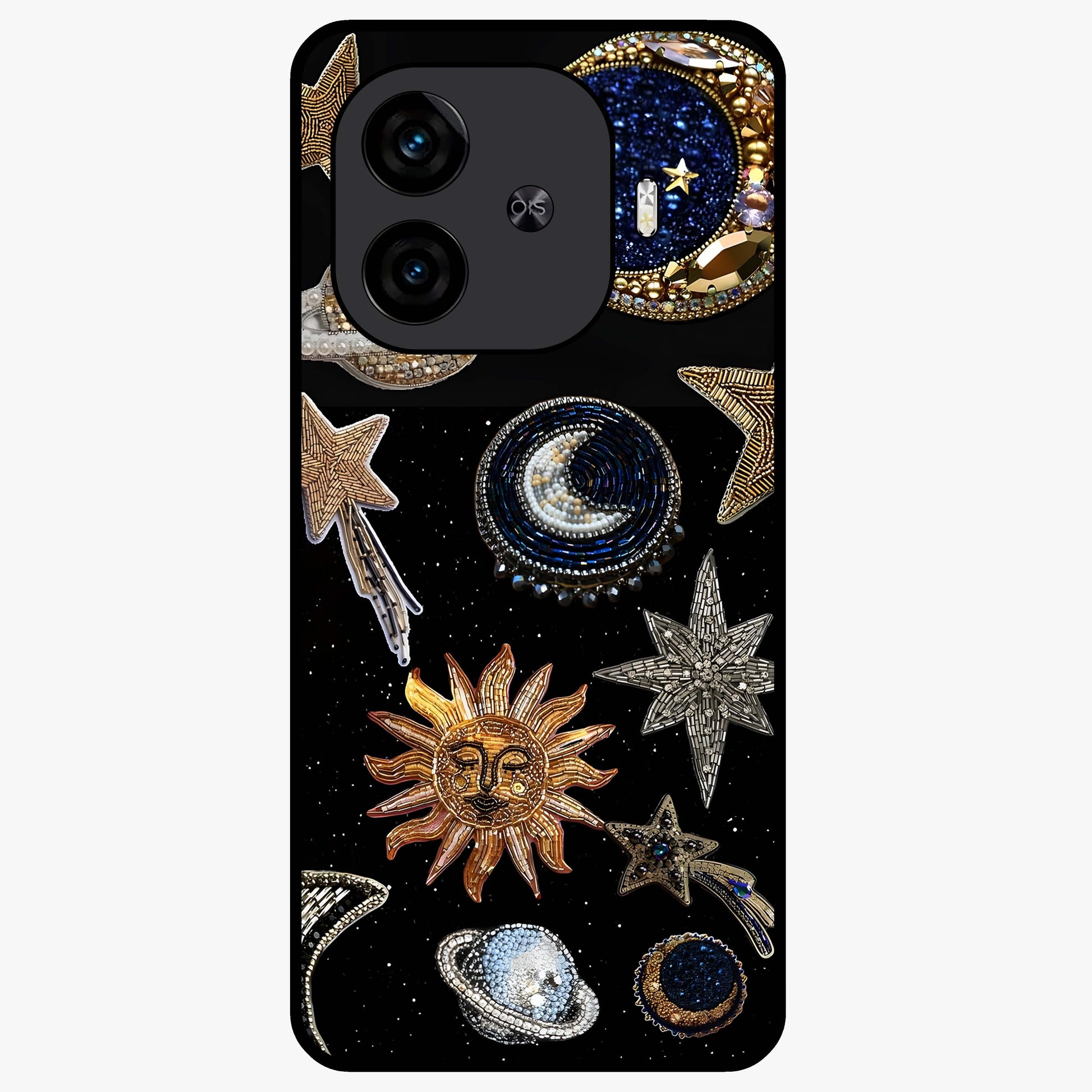 Celestial Gem Constellations Glass Case showing flat back view with sparkling constellation artwork and glossy glass finish.