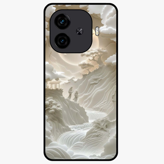 Celestial Origami Glass Case showing flat back view with artistic origami inspired celestial artwork and glossy glass finish.