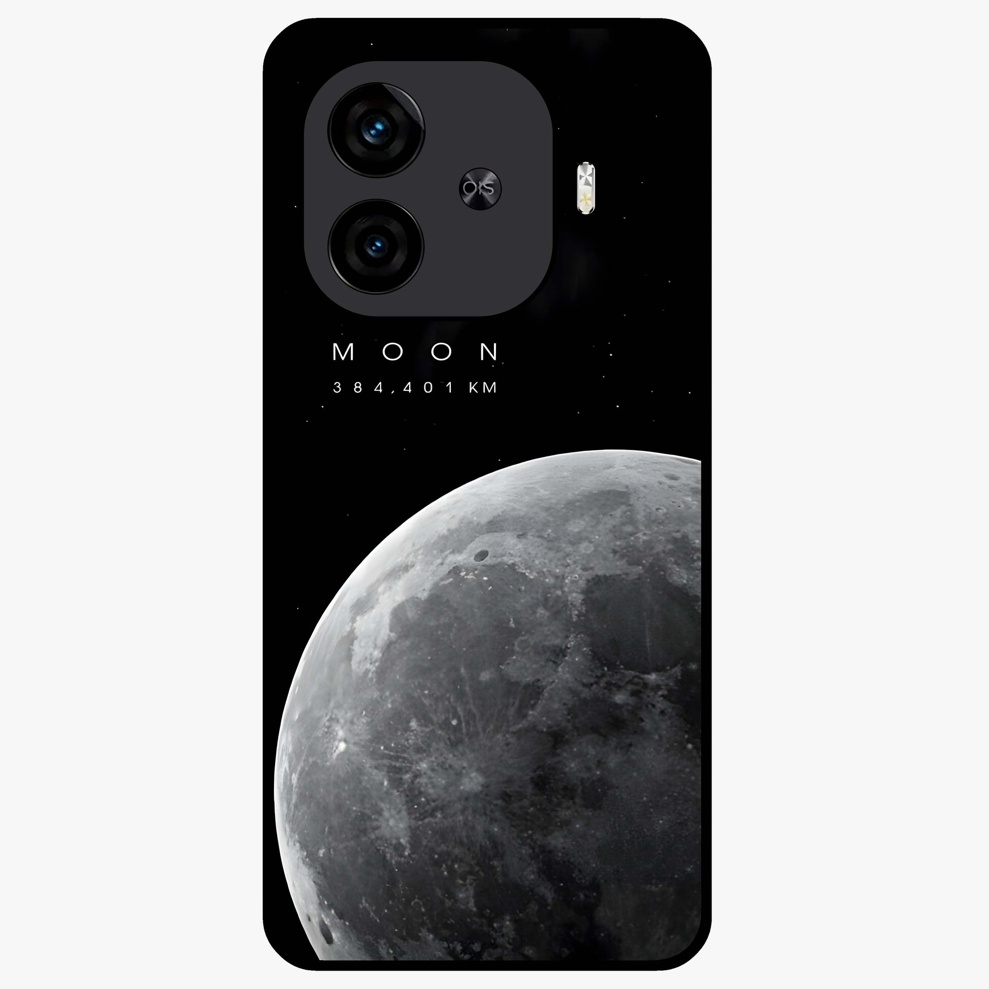 Cosmic Moon Glow Glass Case showing flat back view with glowing moon artwork and glossy glass finish.