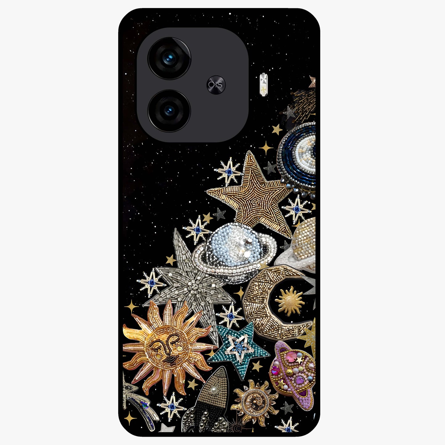 Cosmic Sparkle Dreams Glass Case showing flat back view with sparkling cosmic artwork and glossy glass finish.