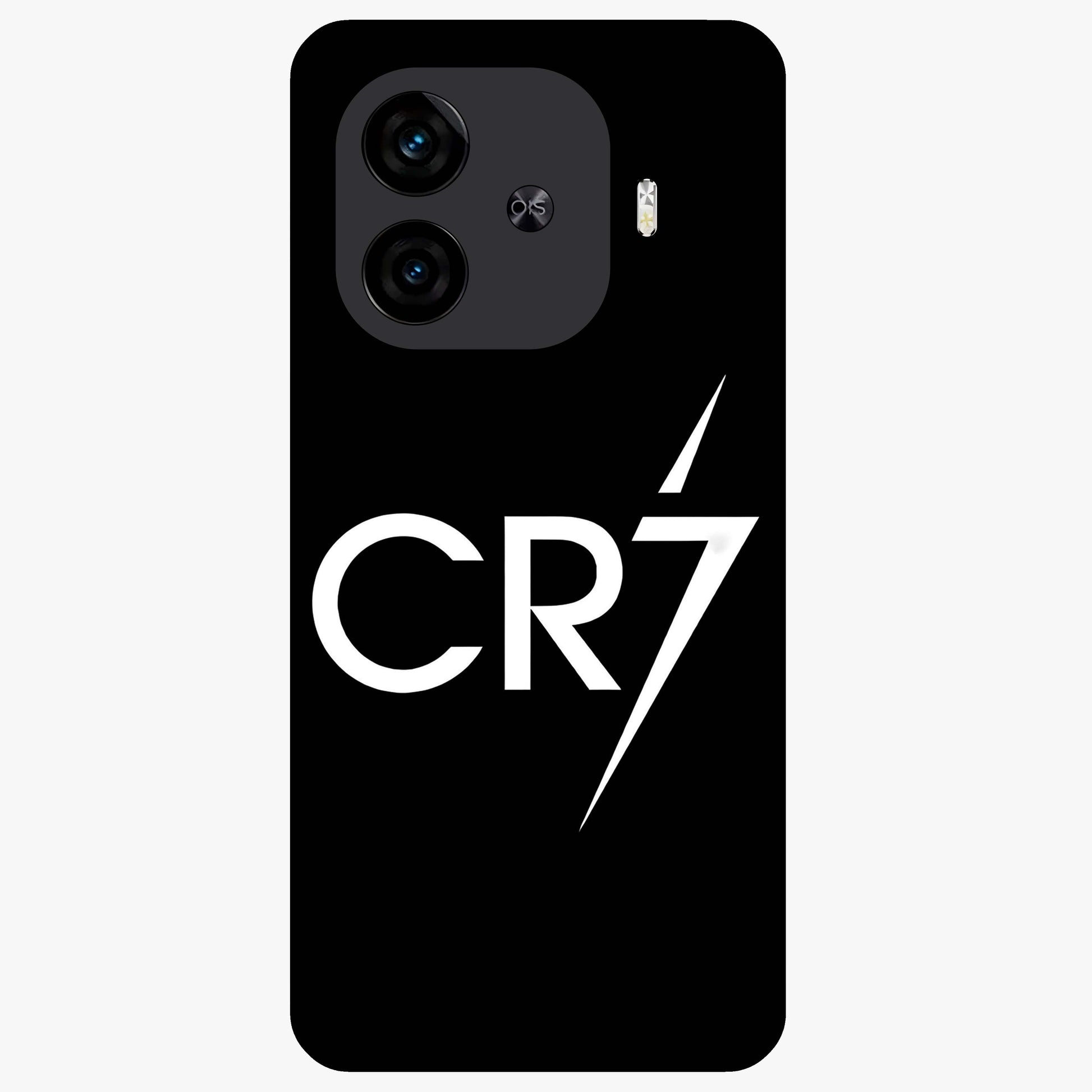 Cr7 Elite Strike Glass Case showing flat back view with dynamic football inspired artwork and glossy glass finish.