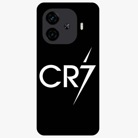 Cr7 Elite Strike Glass Case showing flat back view with dynamic football inspired artwork and glossy glass finish.