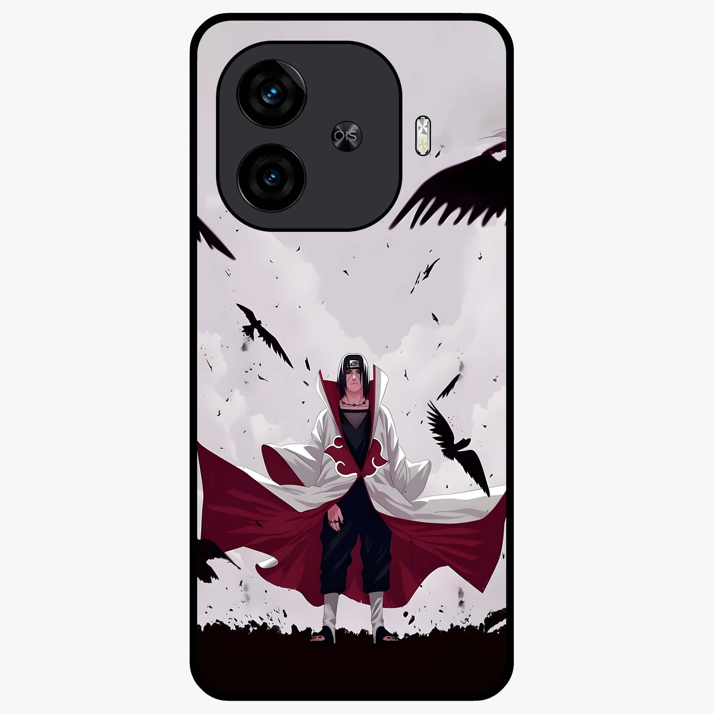 Crimson Crow Ascension Glass Case showing flat back view with mystical crow artwork and glossy glass finish.