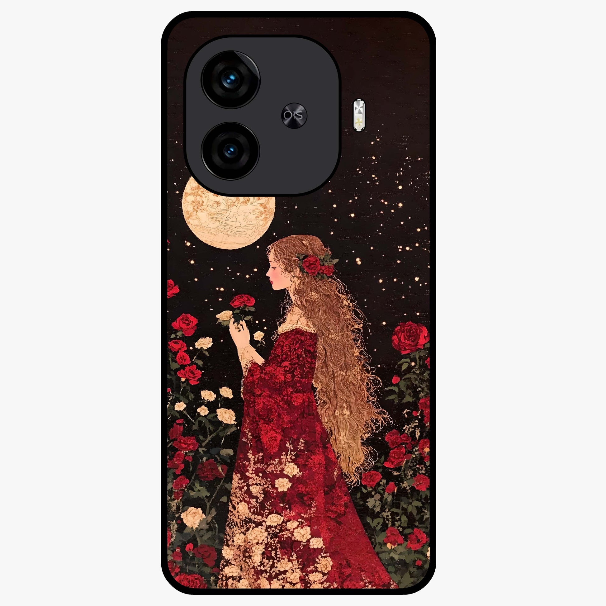 Crimson Dreams Glass Case showing flat back view with dreamy crimson artwork and glossy glass finish.