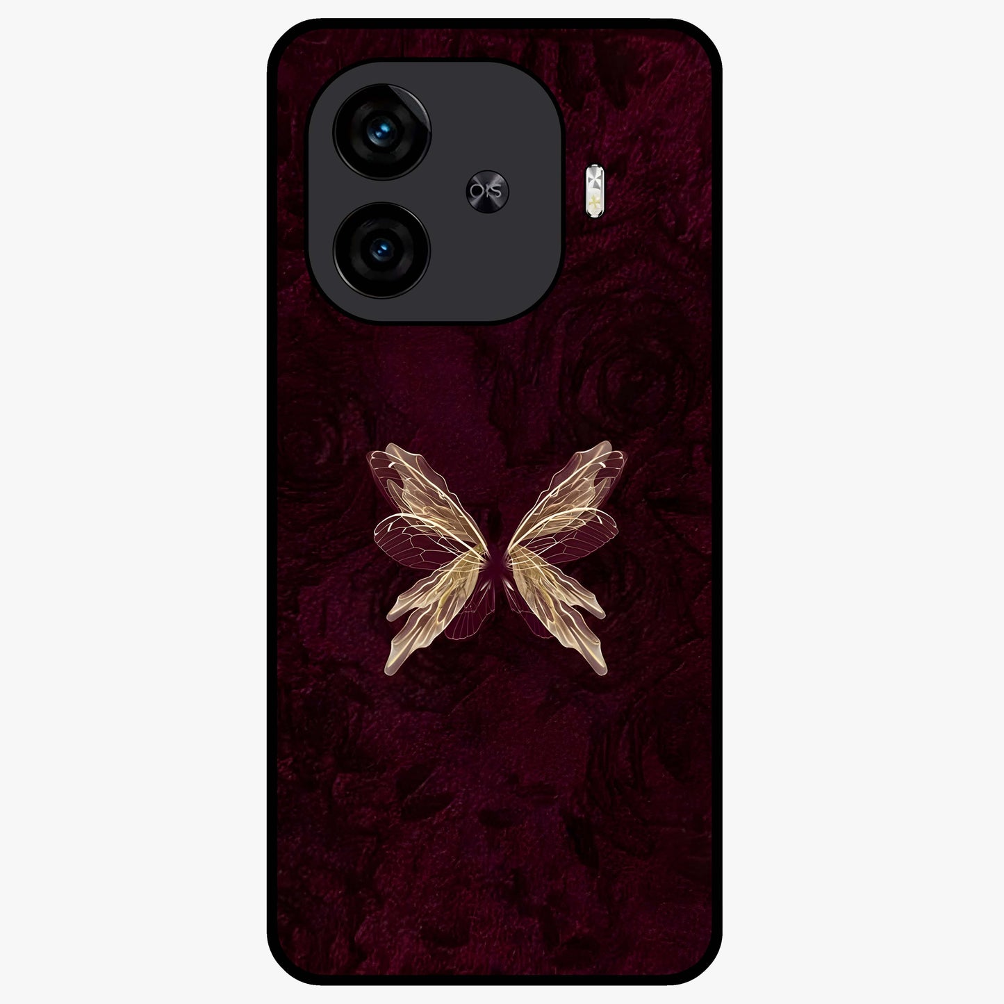 Crimson Fade Butterfly Glass Case showing flat back view with fading butterfly artwork and glossy glass finish.