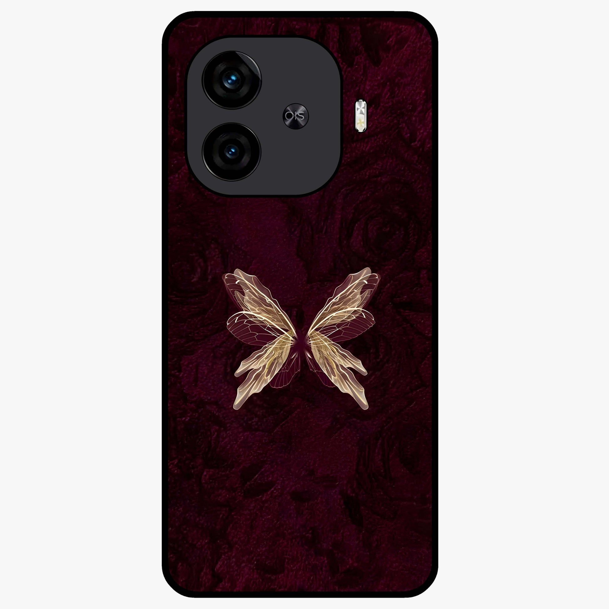 Crimson Fade Butterfly Glass Case showing flat back view with fading butterfly artwork and glossy glass finish.