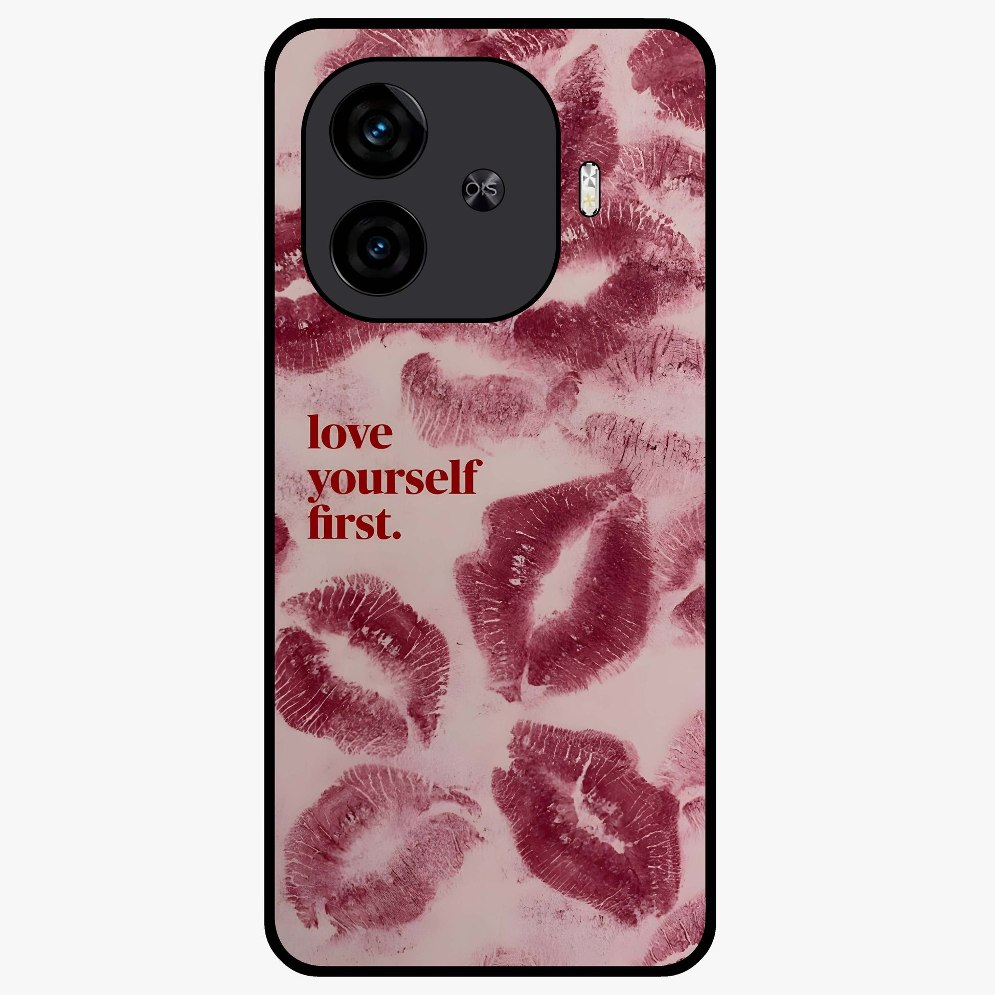 Crimson Kiss Love Glass Case showing flat back view with romantic crimson themed artwork and glossy glass finish.