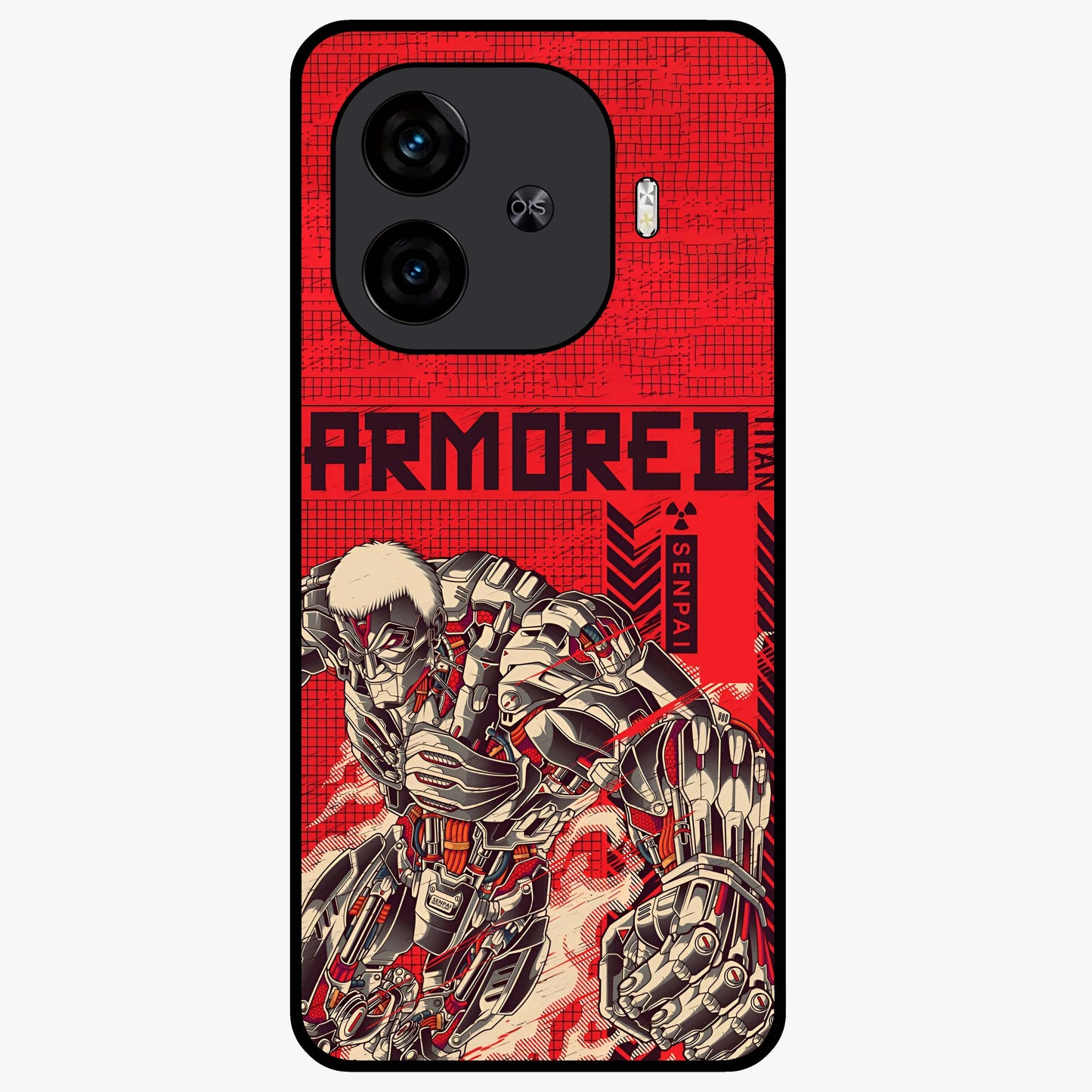 Crimson Mecha Titan Glass Case showing flat back view with powerful mech titan artwork and glossy glass finish.