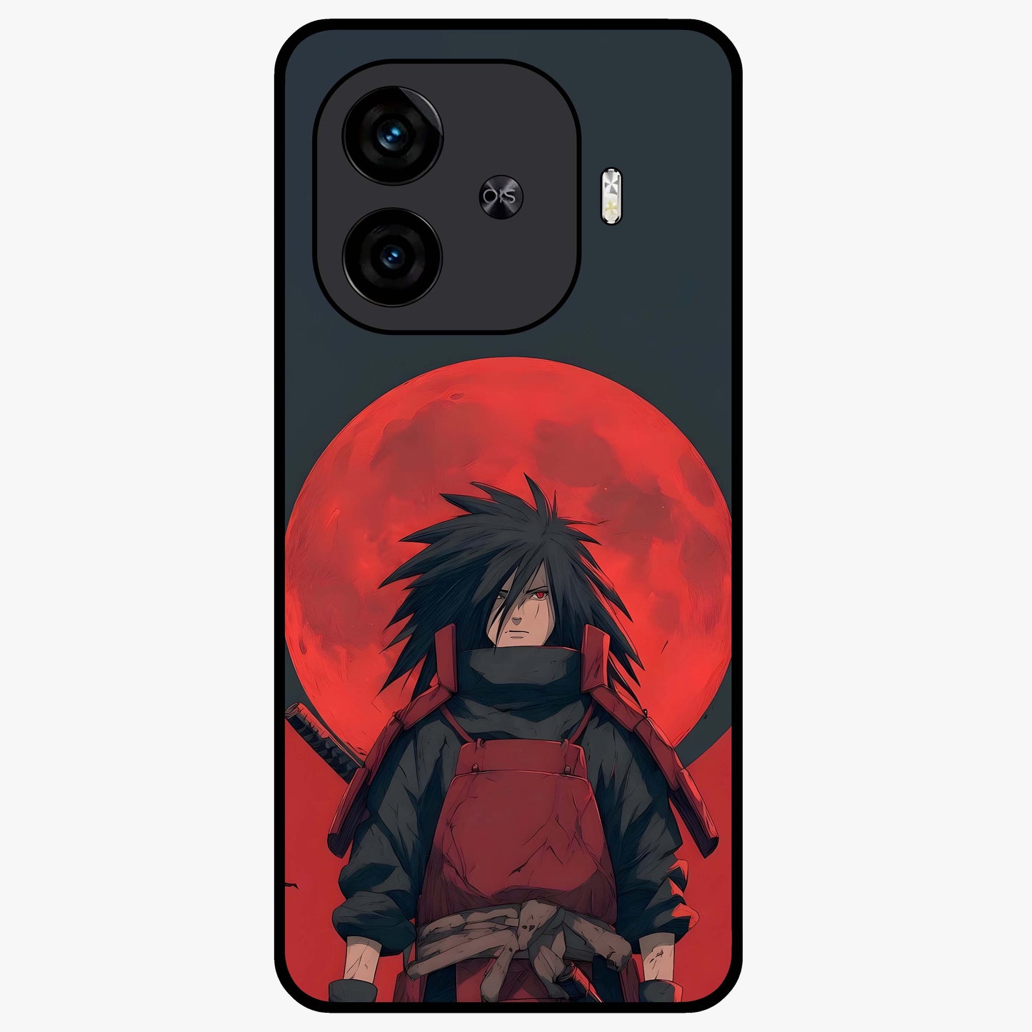 Crimson Moon Warlord Glass Case showing flat back view with mystical moon warrior artwork and glossy glass finish.
