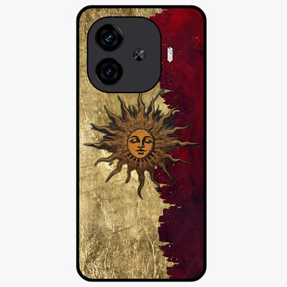 Crimson Sun Majesty Glass Case showing flat back view with radiant sun inspired artwork and glossy glass finish.