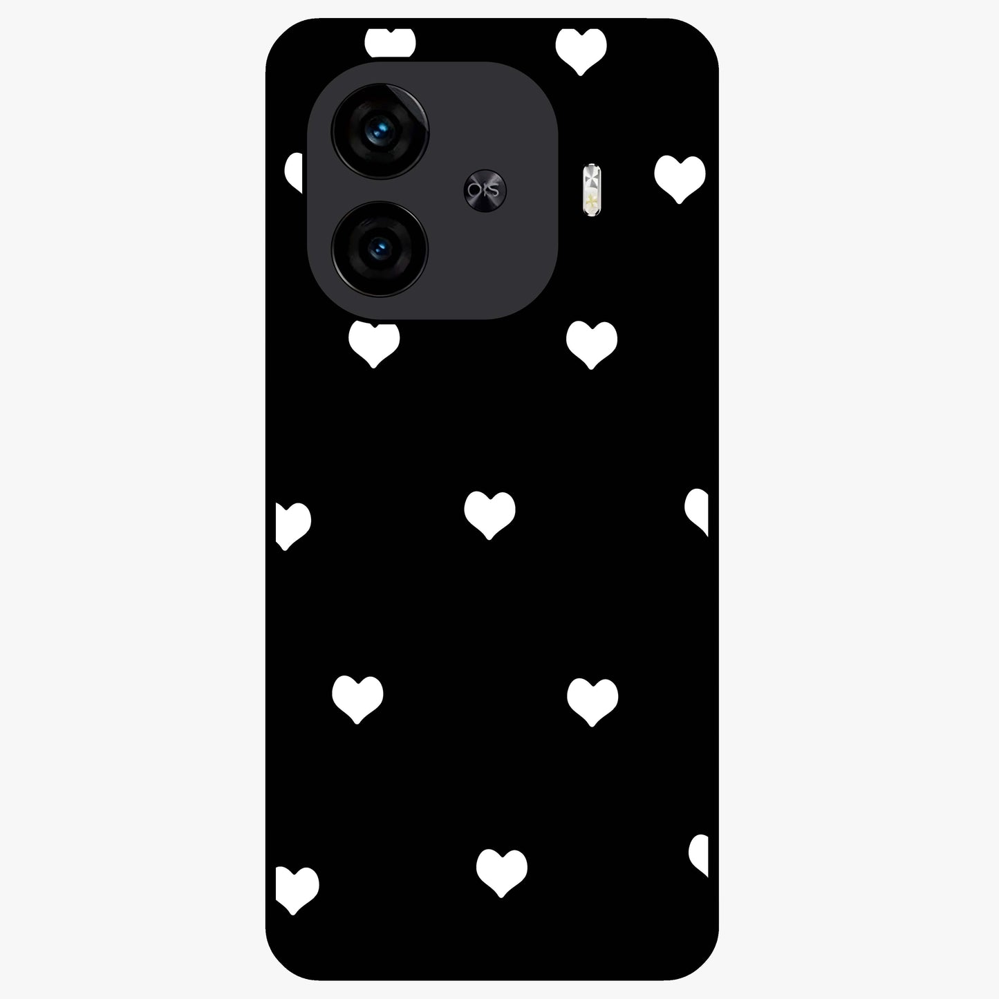 Cute And Simple White Hearts Glass Case showing flat back view with minimal white heart pattern and glossy glass finish.