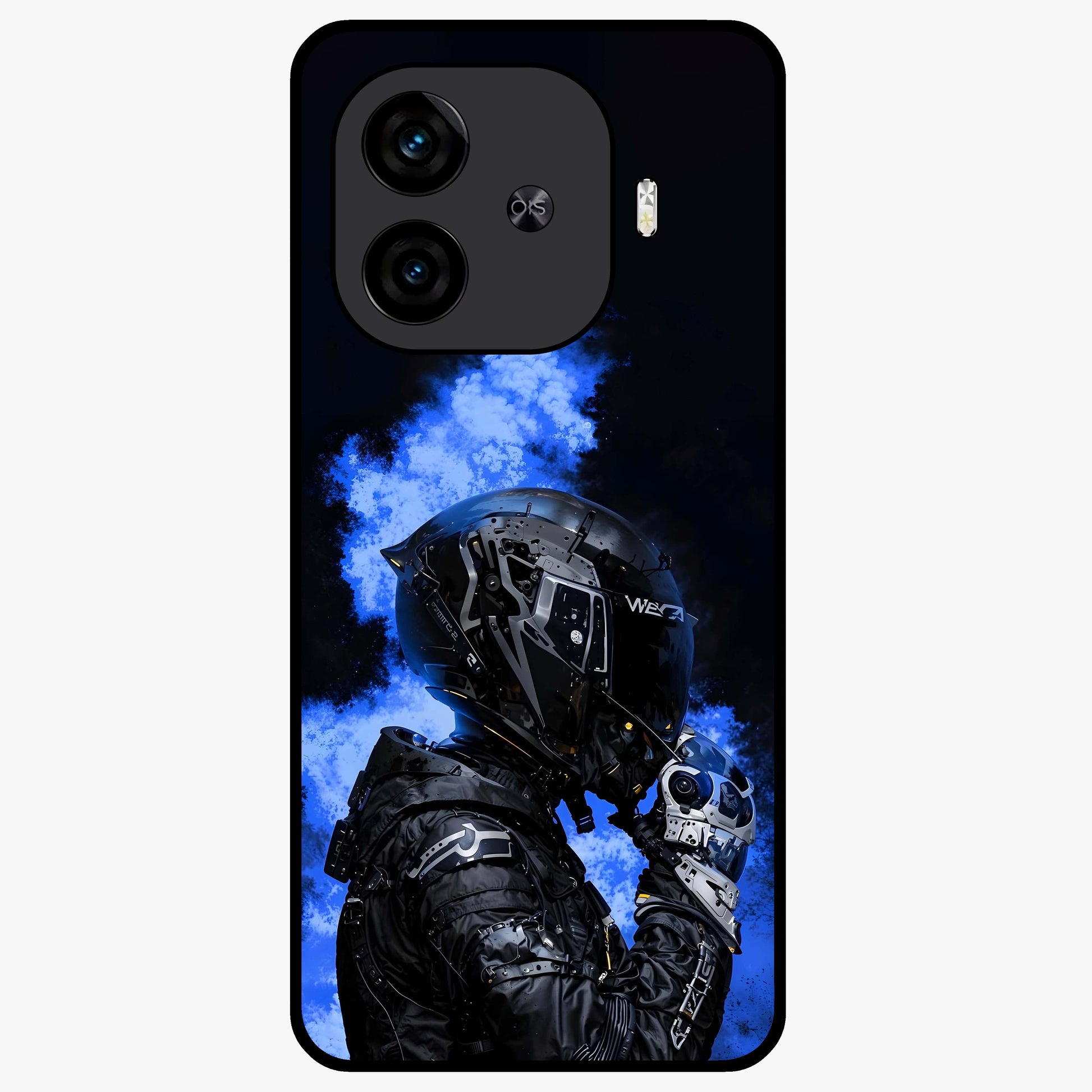 Cyber Sentinel Protocol Glass Case showing flat back view with futuristic cyber themed artwork and glossy glass finish.