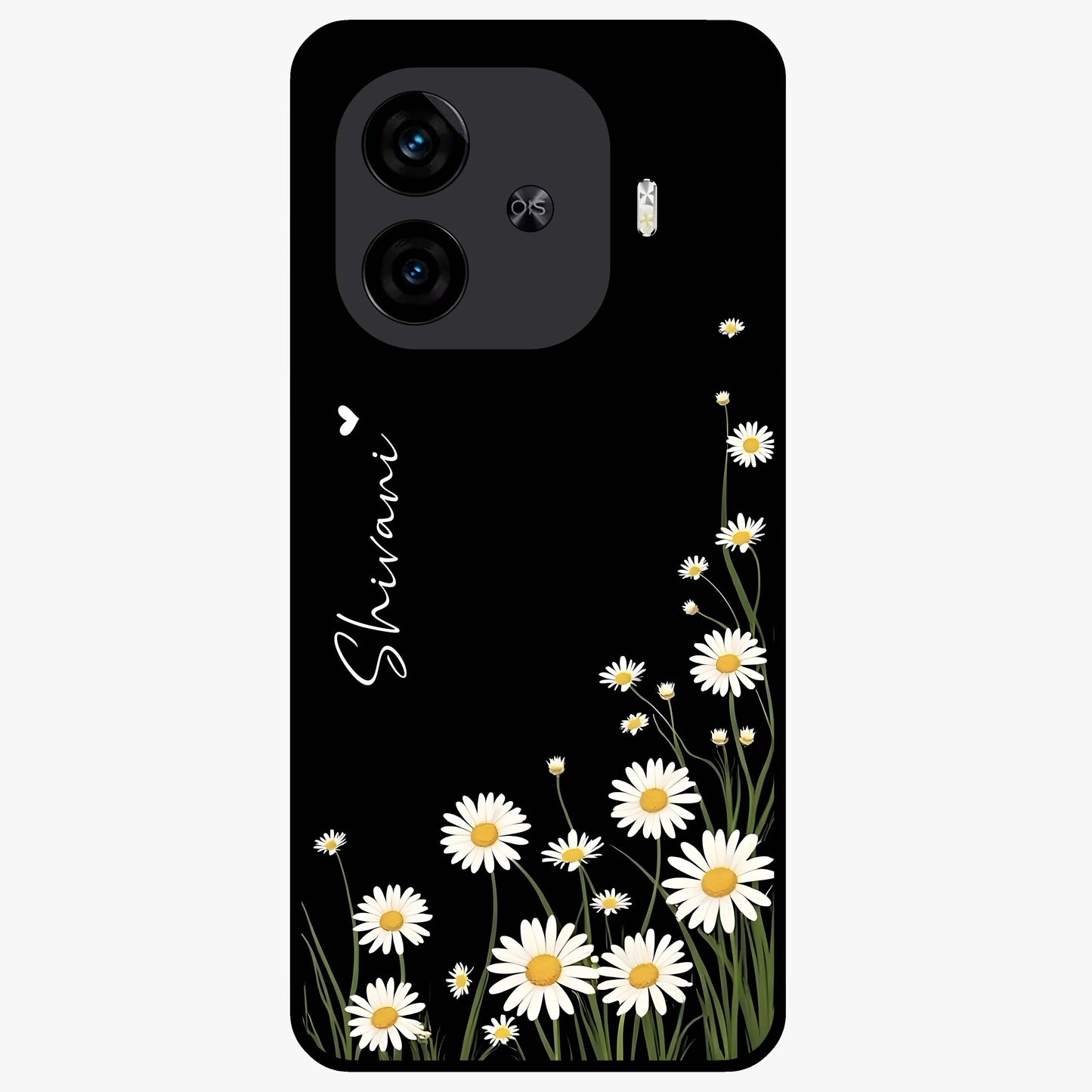 Daisy Cascade Custom Name Glass Case showing flat back view with cascading daisy flowers and personalized name design.