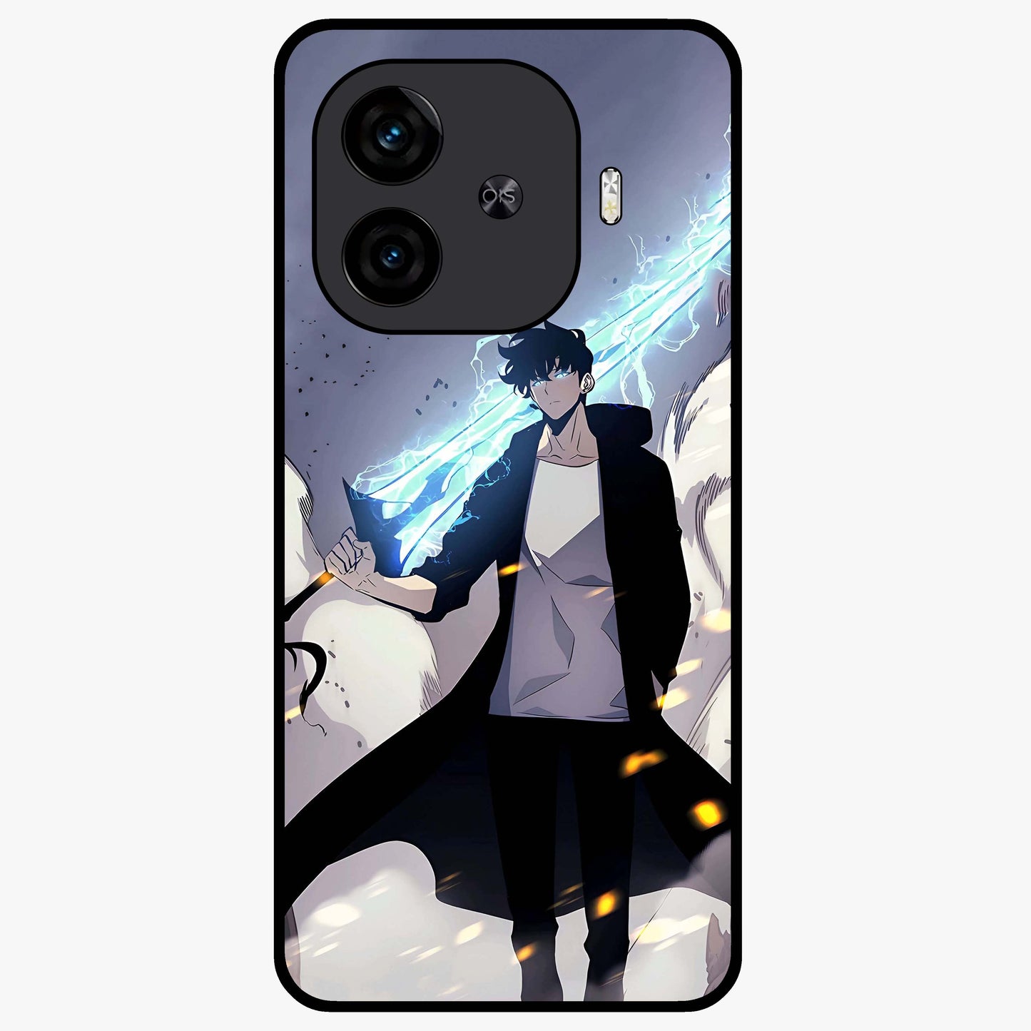 Dark Lightning Anime Warrior Glass Case showing flat back view with intense anime warrior artwork and glossy glass finish.