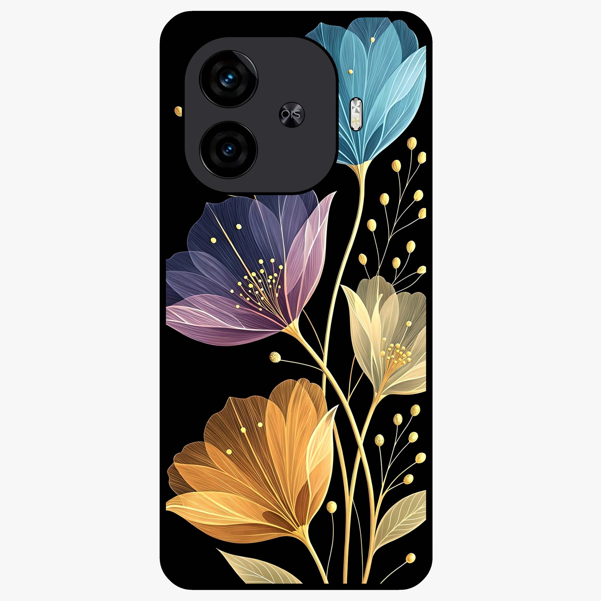 Delicate Multicolor Flowers Glass Case showing flat back view with vibrant floral artwork and glossy glass finish.