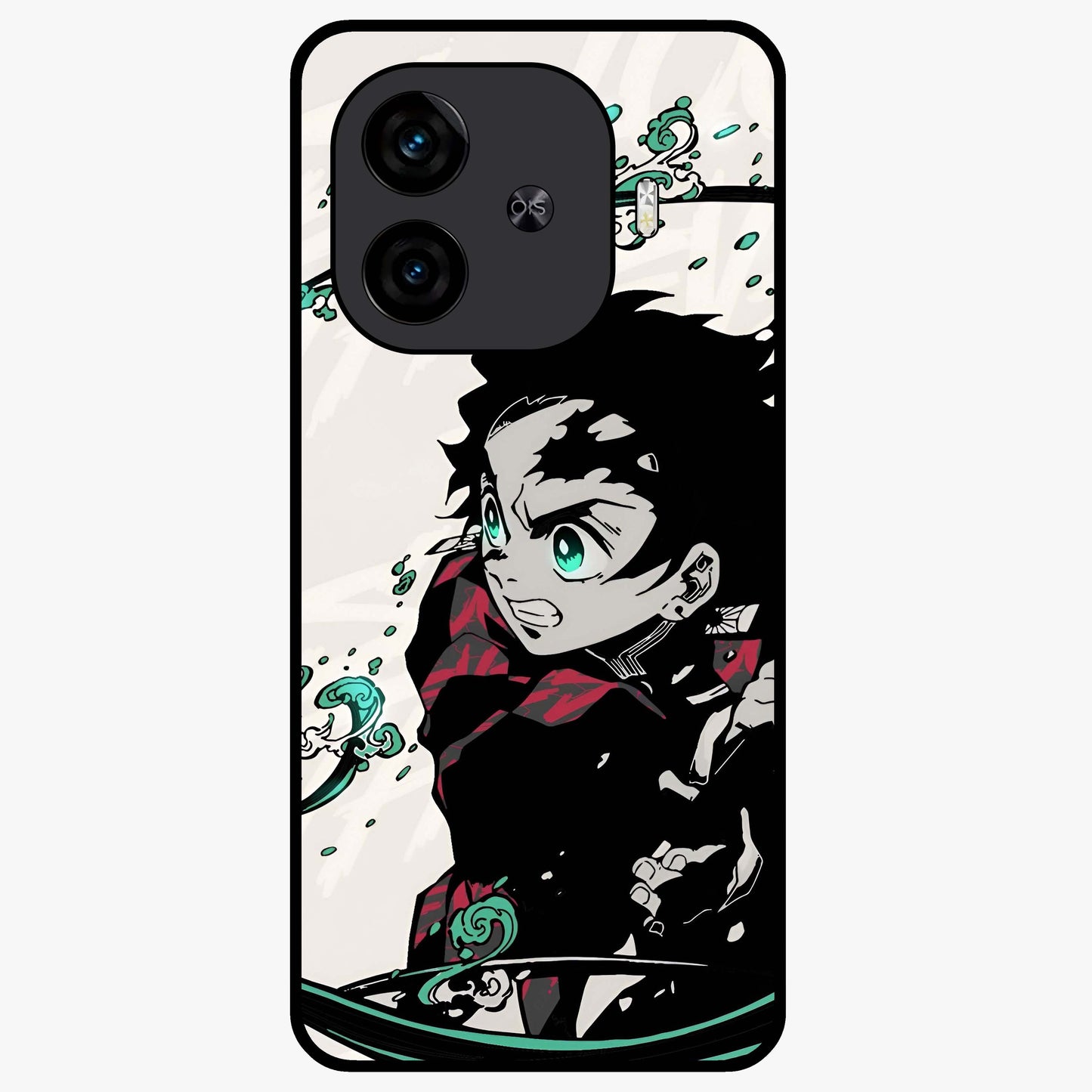Demon Slayer Glass Case showing flat back view with bold anime inspired artwork and glossy glass finish.