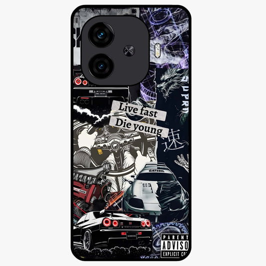 Die Young Glass Case showing flat back view with bold artistic typography design and glossy glass finish.