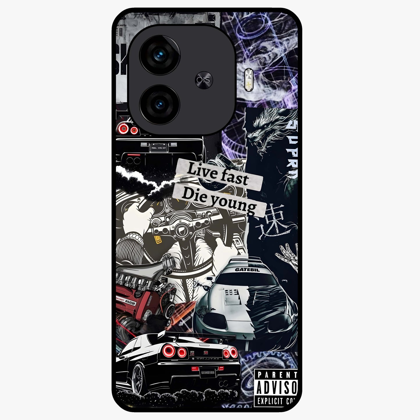 Die Young Glass Case showing flat back view with bold artistic typography design and glossy glass finish.
