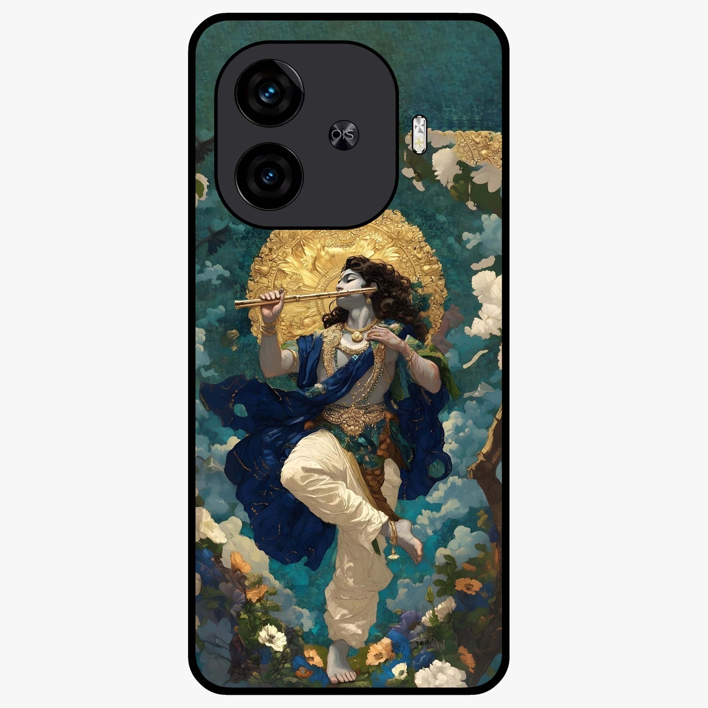 Divine Krishna Art Glass Case showing flat back view with Lord Krishna artwork and glossy glass finish.