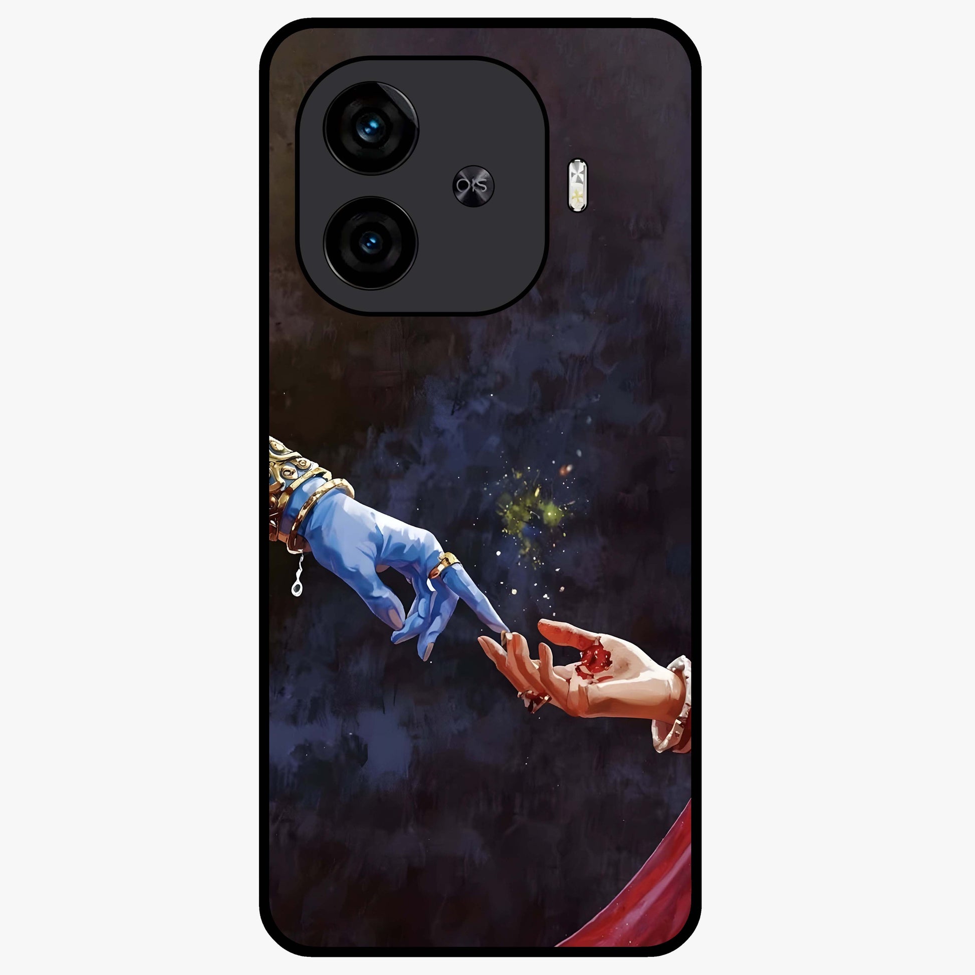 Divine Touch Eternal Glass Case showing flat back view with spiritual themed artwork and glossy glass finish.