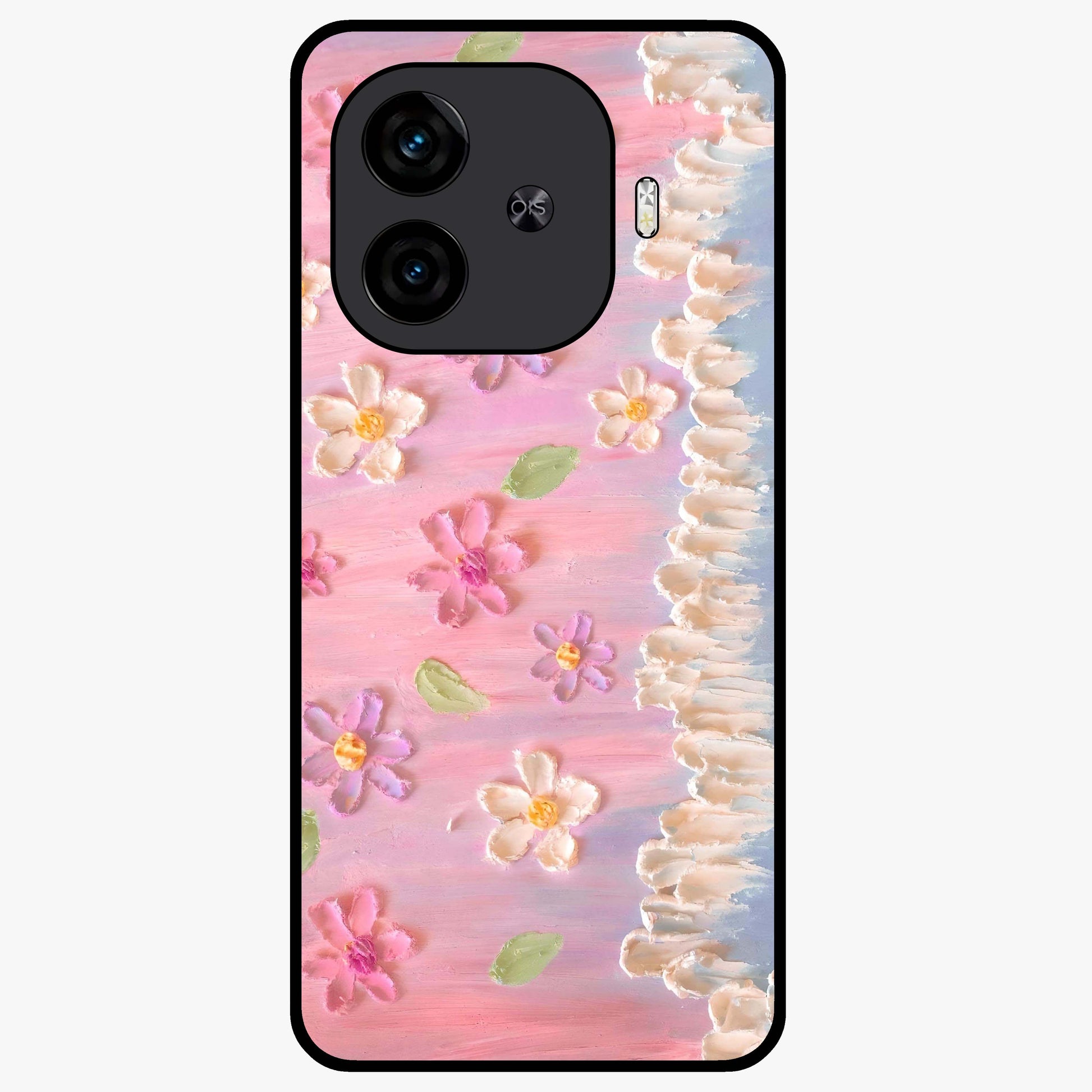 Dreamy Painted Garden Glass Case showing flat back view with artistic painted floral garden artwork and glossy glass finish.