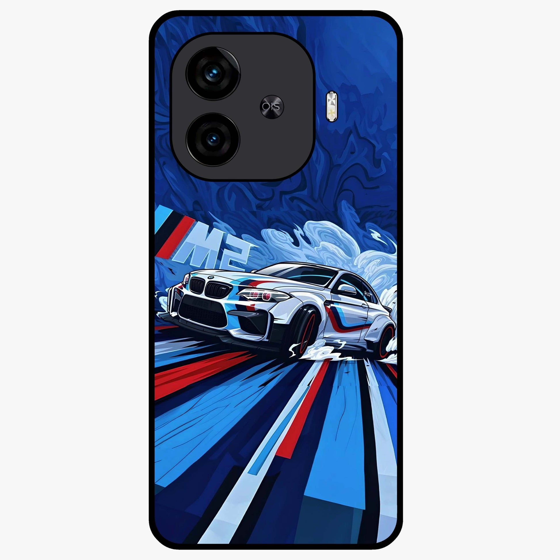 Drift Power Rush Glass Case showing flat back view with dynamic racing inspired artwork and glossy glass finish.