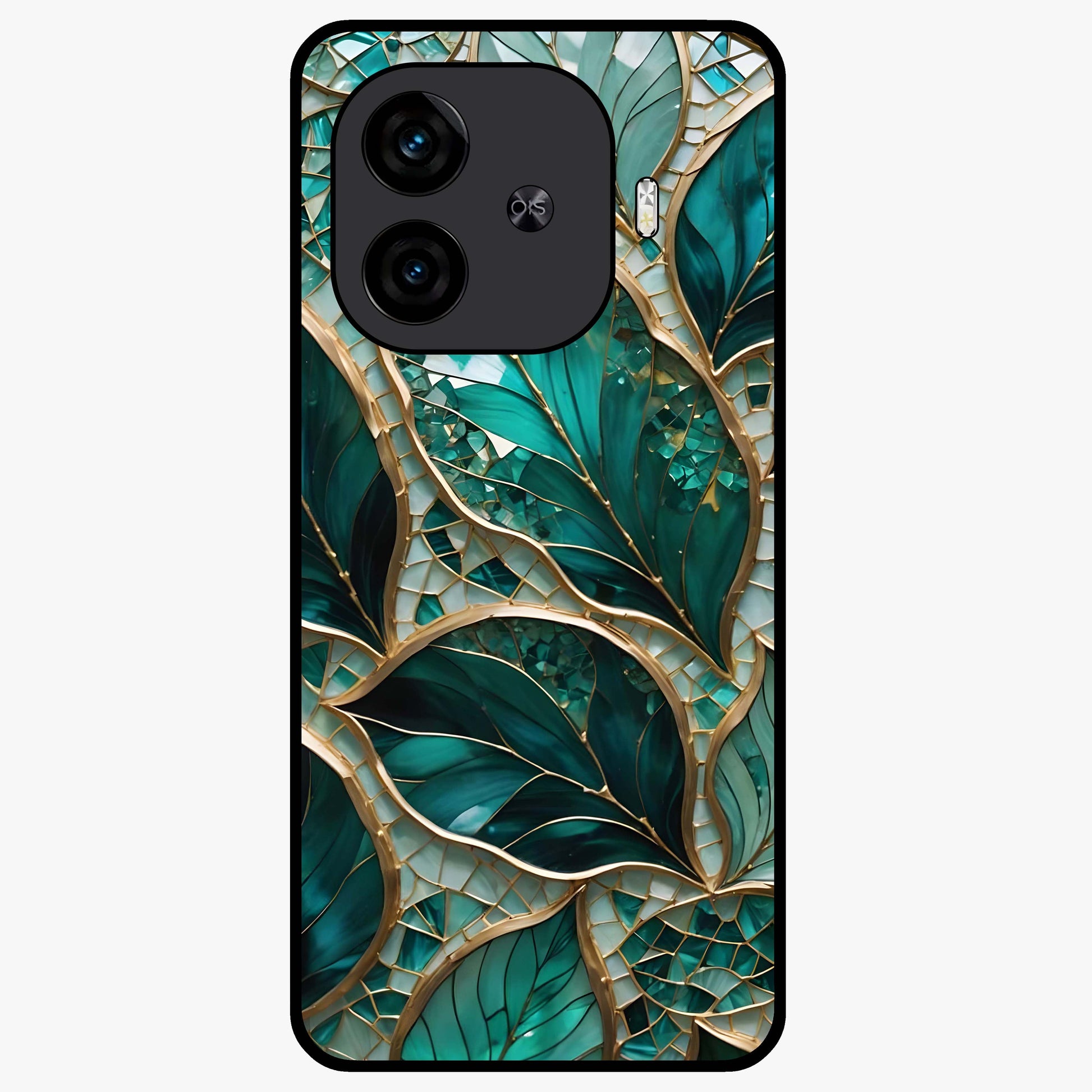 Emerald Leaf Glass Glass Case showing flat back view with emerald green leaf artwork and glossy glass finish.