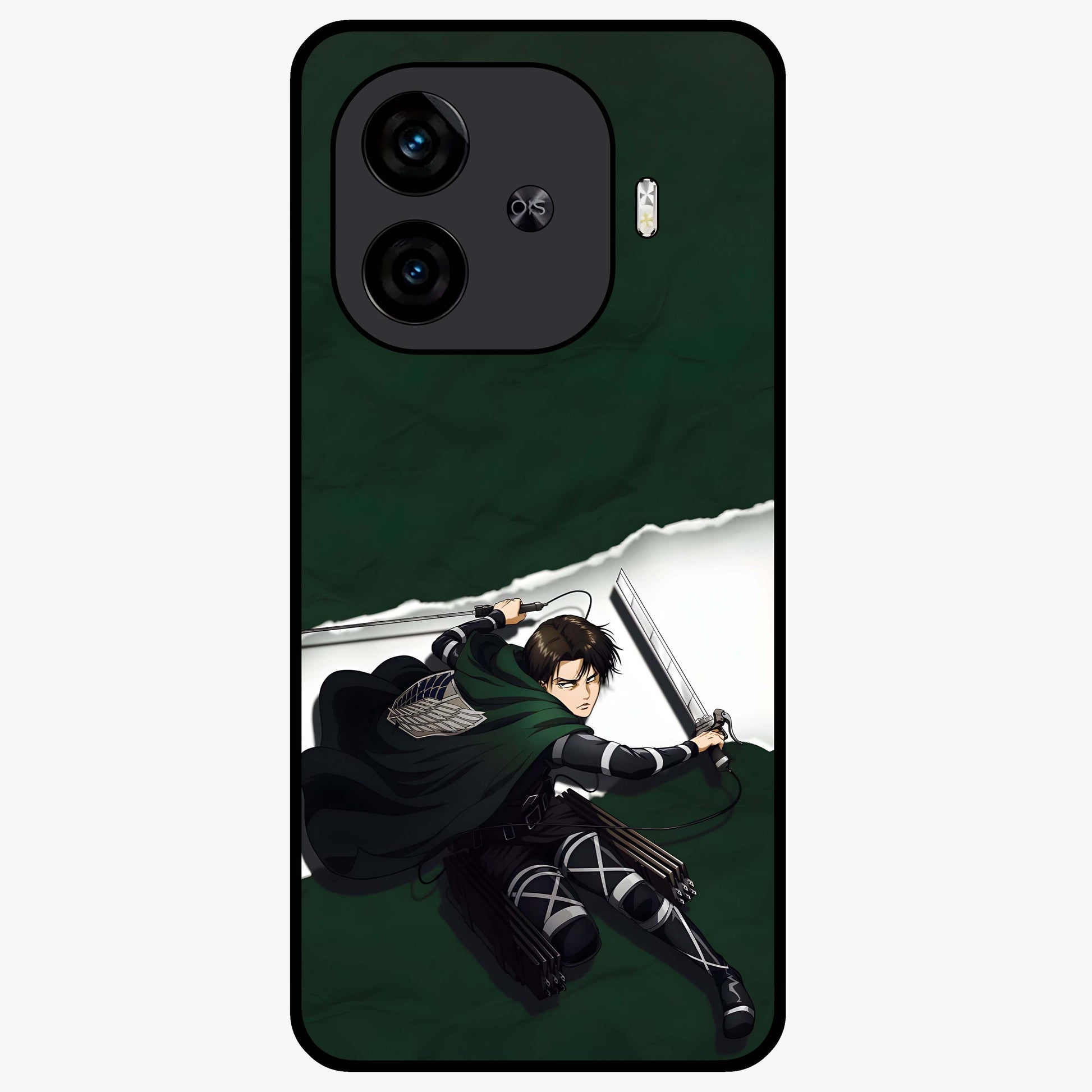 Emerald War Vanguard Glass Case showing flat back view with powerful warrior themed artwork and glossy glass finish.