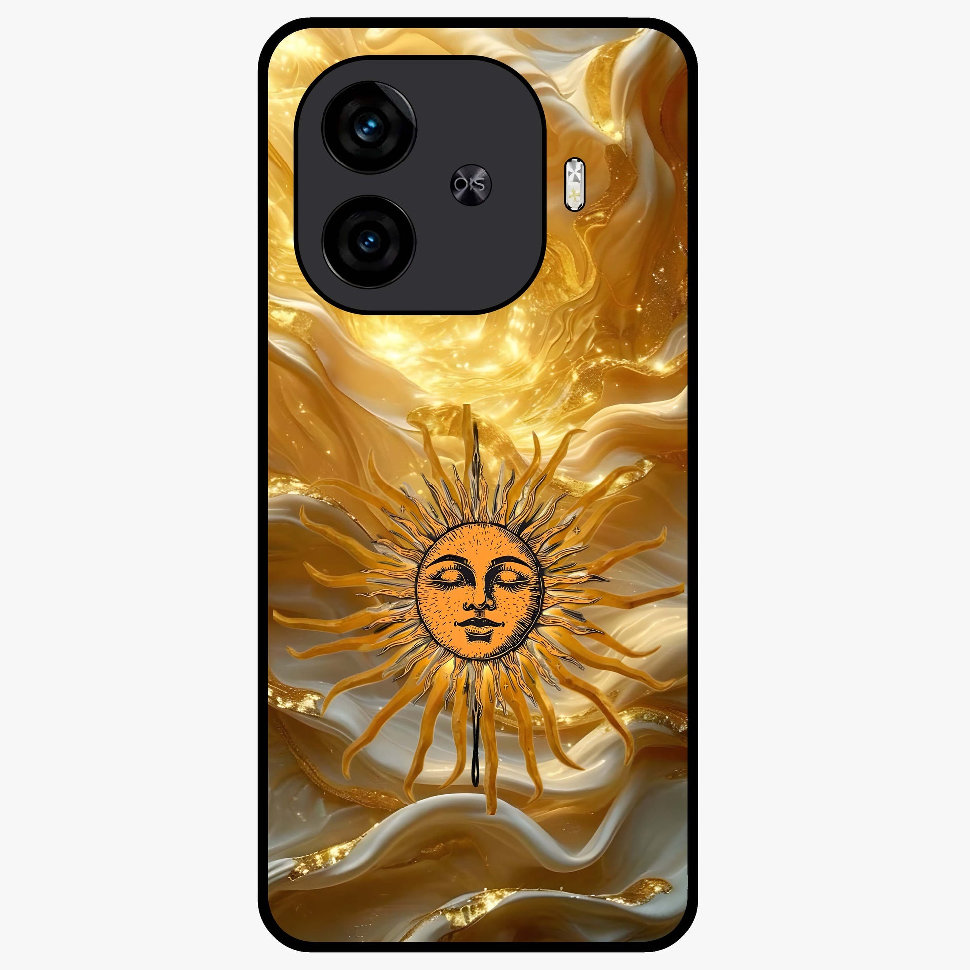 Eternal Golden Glow Glass Case showing flat back view with radiant golden themed artwork and glossy glass finish.